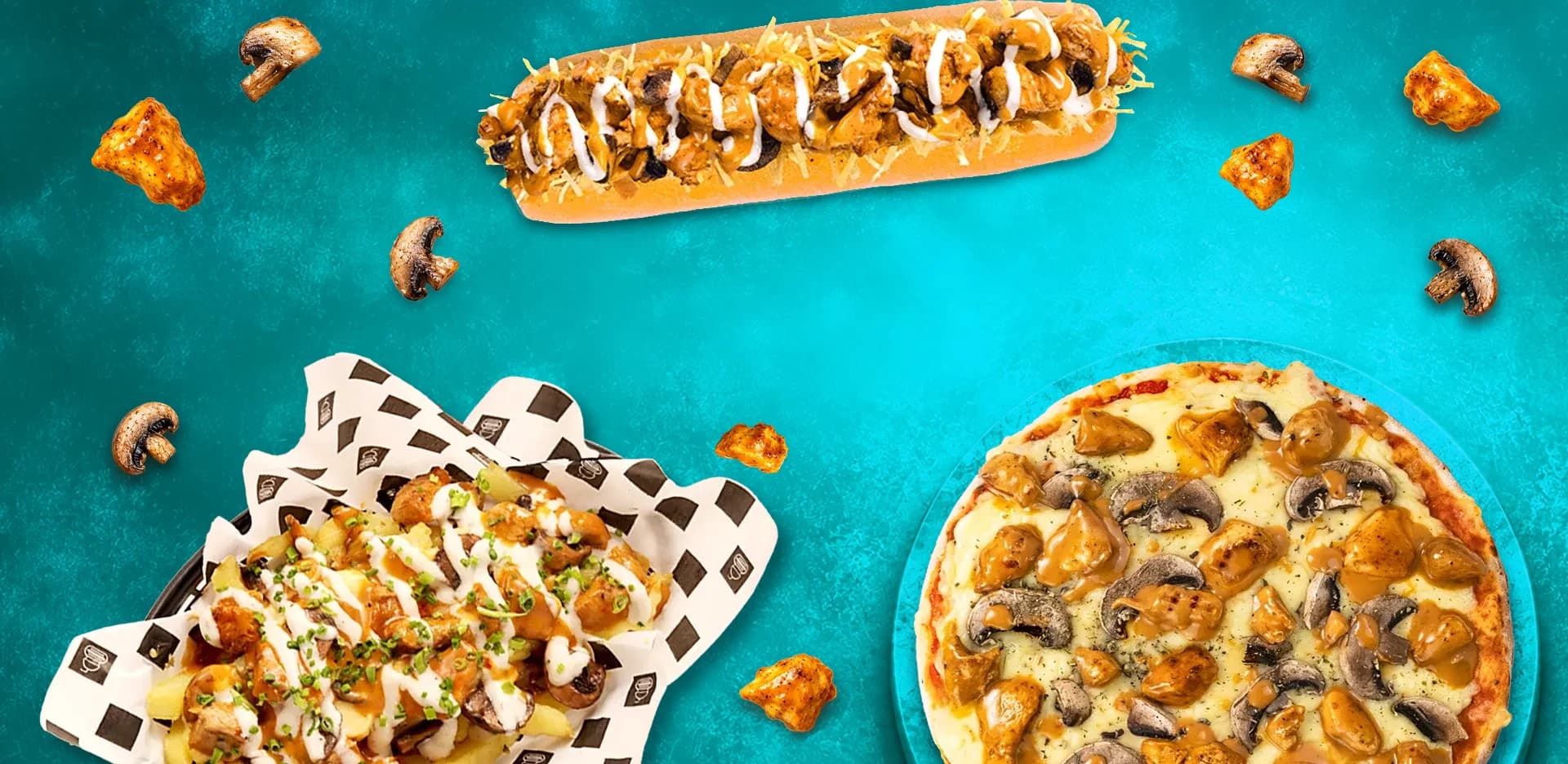 Prego chicken & mushroom combos — Super Dog, loaded chips, and pizza